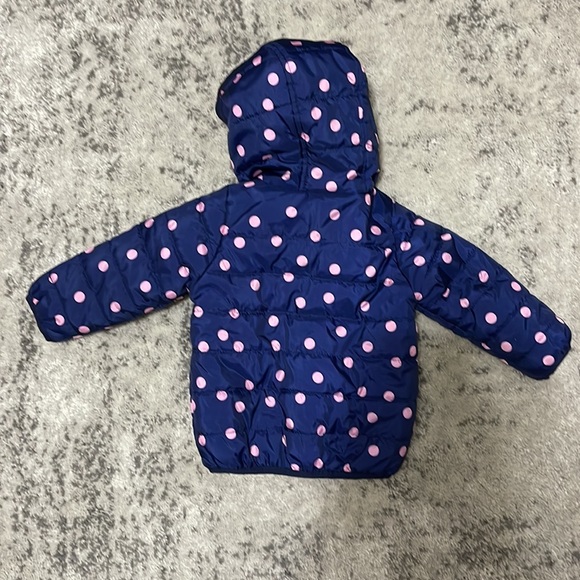 Carter’s Girls Winter Puffer Coat Navy with Pink Polka Dots - Picture 2 of 8